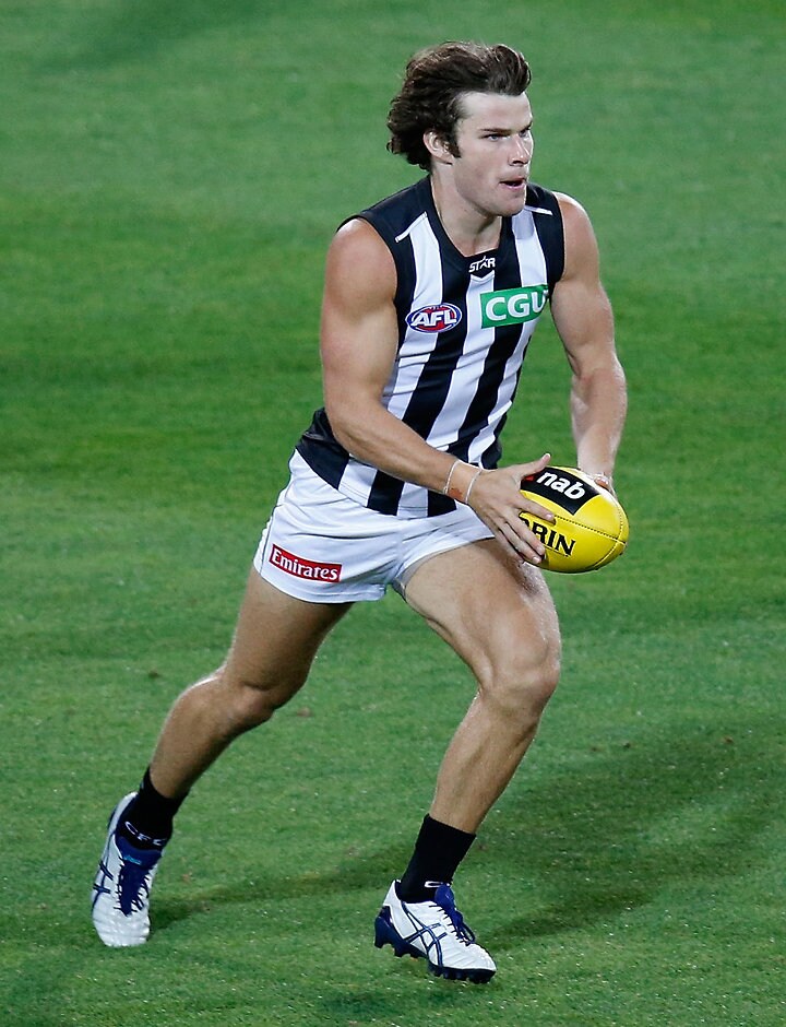 AFL 2015 NAB Challenge - Hawthorn v Collingwood Nathan Freeman of the Magpies in action during the 2015 NAB Challenge Week 1 match between the Hawthorn Hawks and the Collingwood Magpies at Aurora Stadium, Launceston on February 26, 2015. (Photo: Michael Willson/AFL Media)
